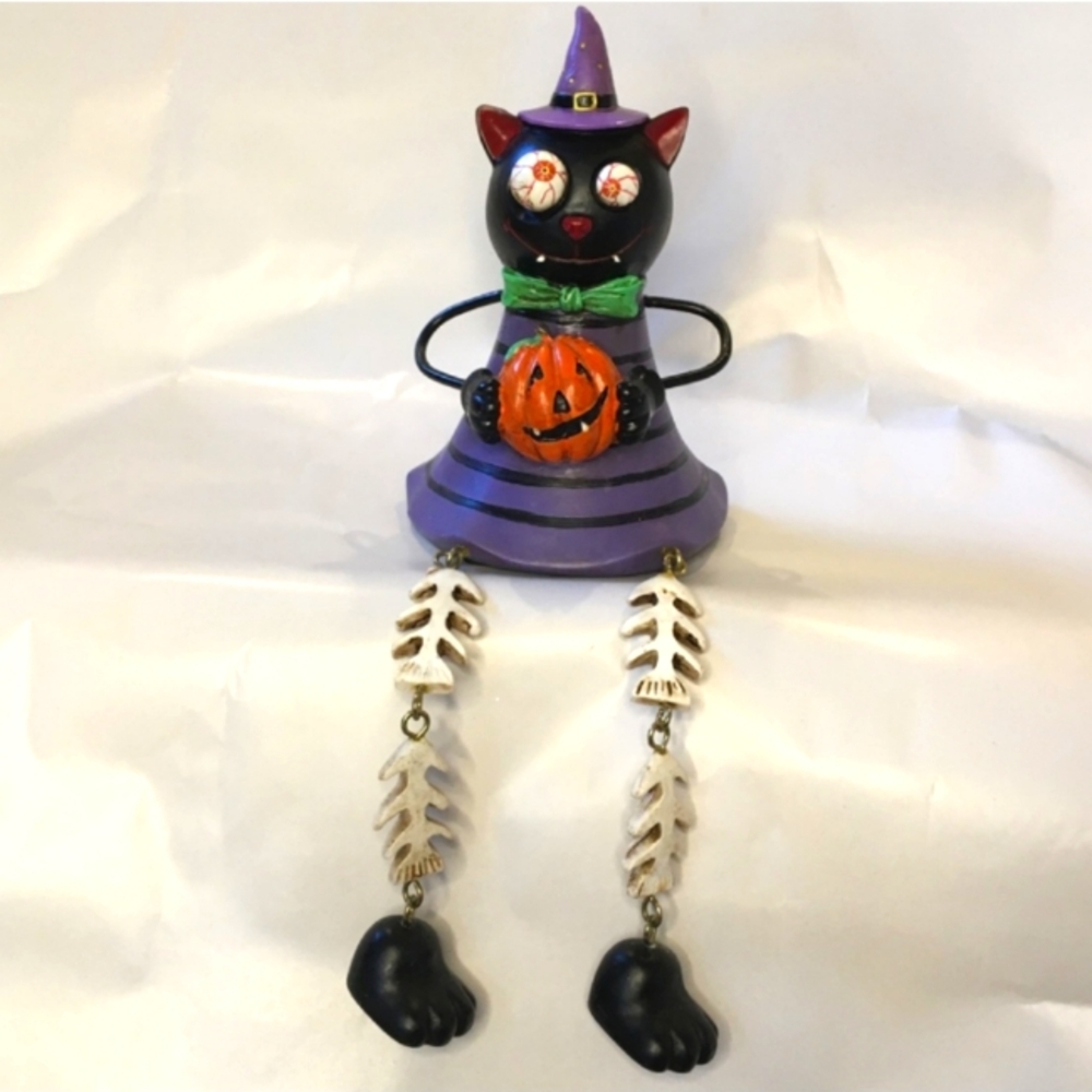Black Cat Shelf Sitter Figurine 10" Witchy Halloween Decoration